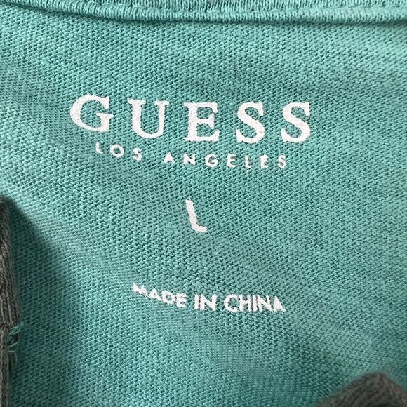 Guess Denim Henley T-Shirt Men's Teal‎ knit Short Sleeve Palm Trees LA Sz L - Picture 5 of 14